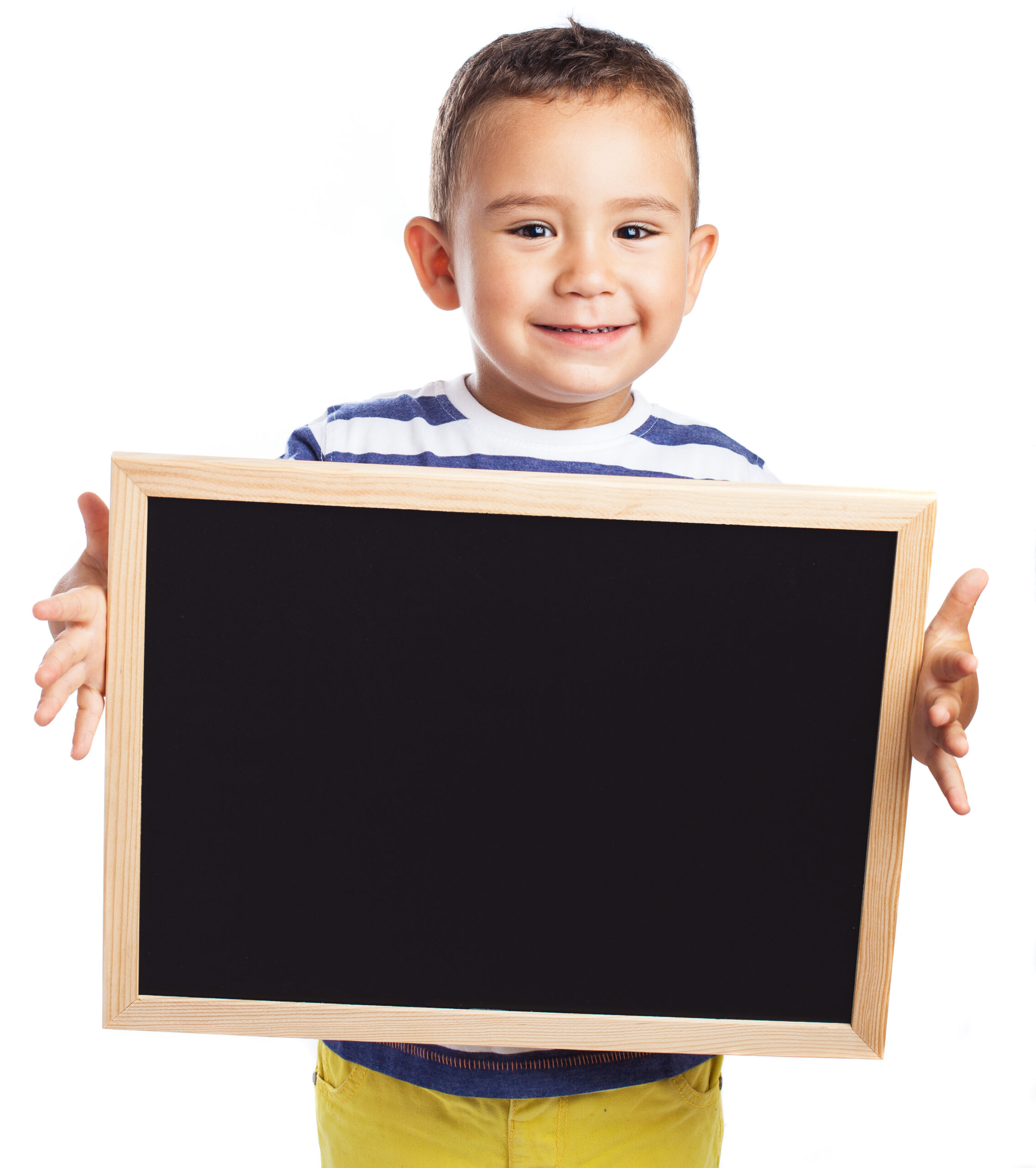 child holding a chalkboard on white background